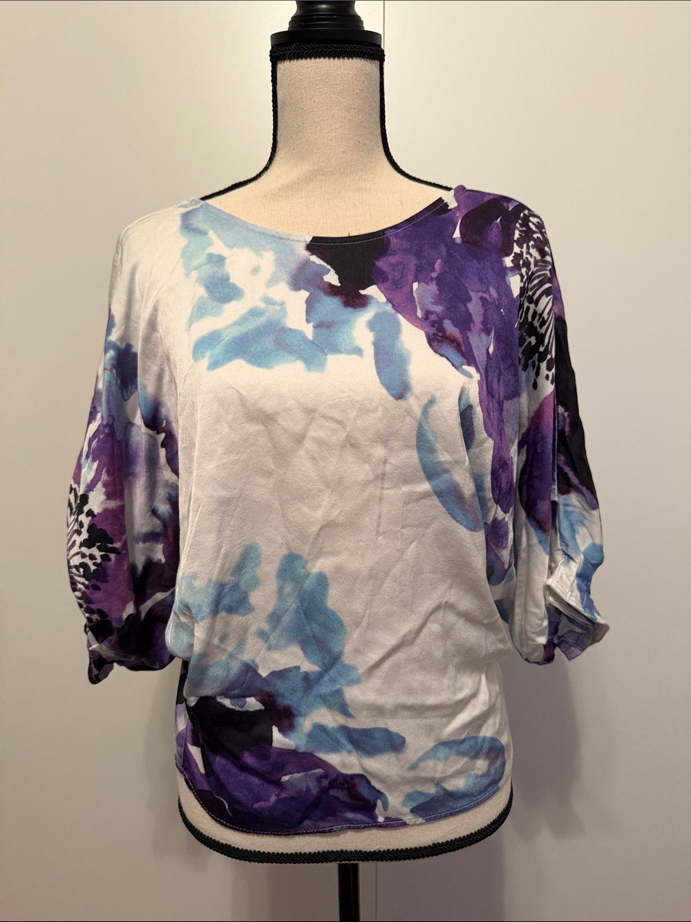 Trina Turk boat neck Floral Blouse with Purple & Blue Accents